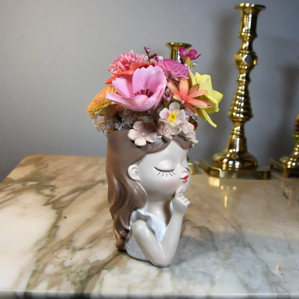 Planter with bright flowers you never water! Molded resin girl-adorable details